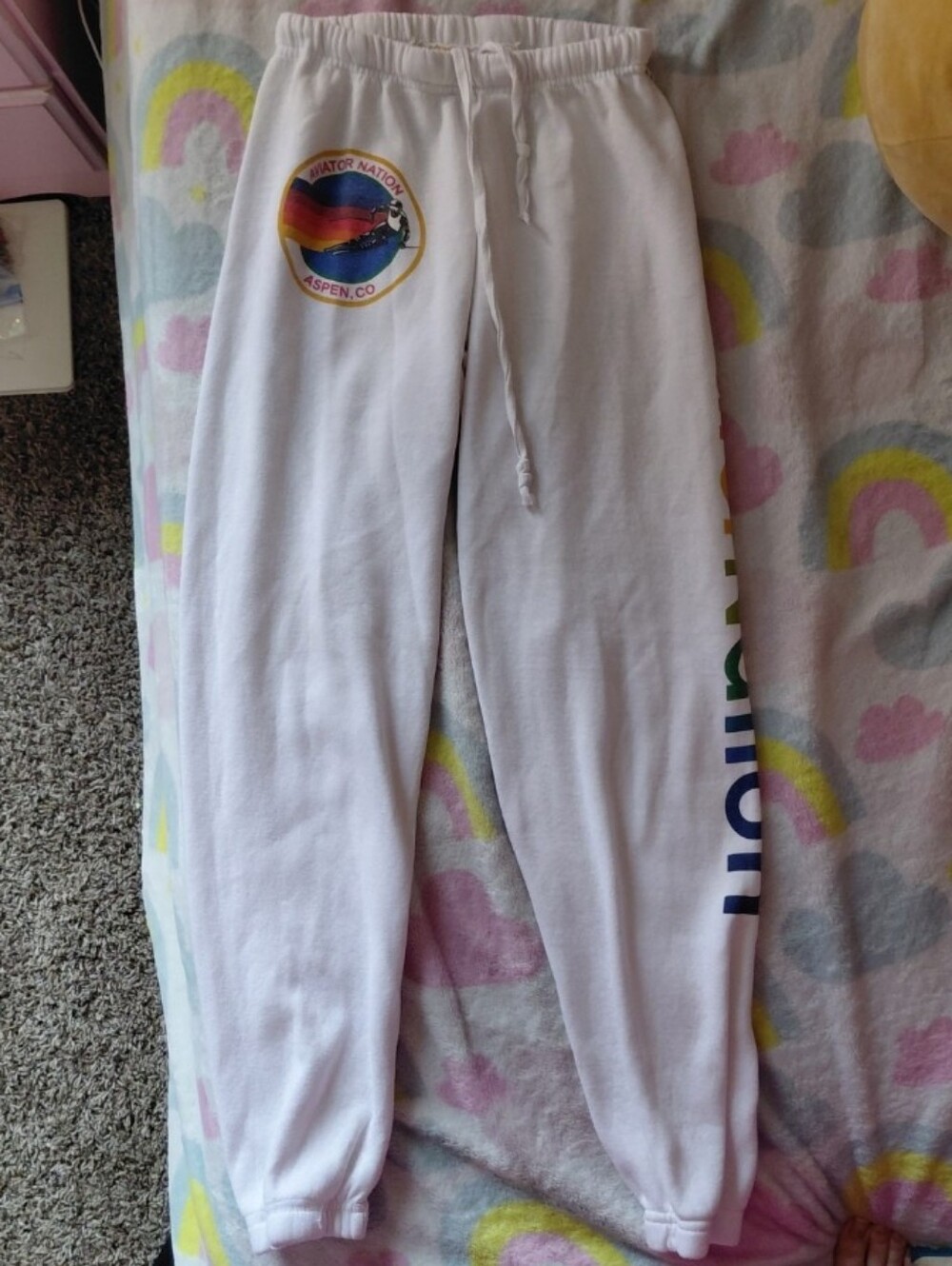 Aviator Nation White Joggers with Rainbow Side Lettering
